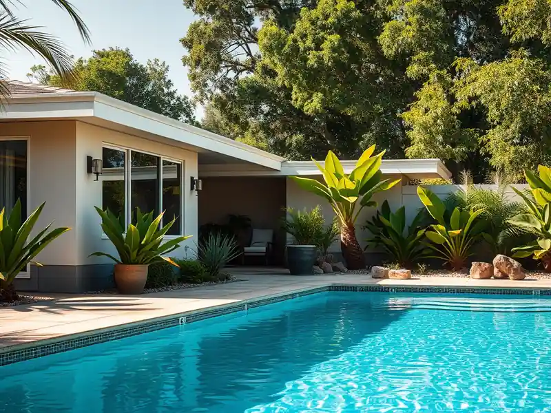 Illustration of close-up of materials and finishes of backyard swimming pool with fresh plaster finish in a 1970-era home